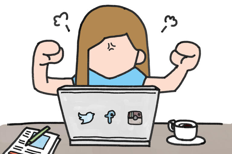 cartoon of angry woman looking at laptop bearing labels of popular social media platforms