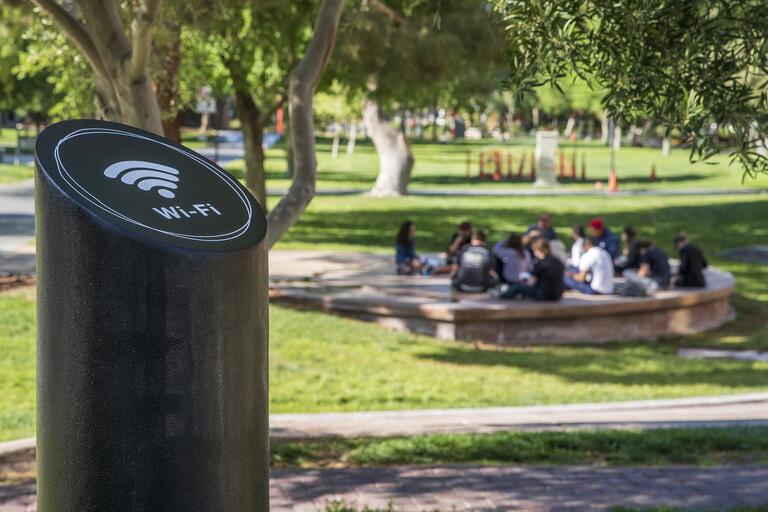 Twenty-five bollards with wireless access points were installed during the spring semester, extending WiFi coverage outdoors around the east and north malls.