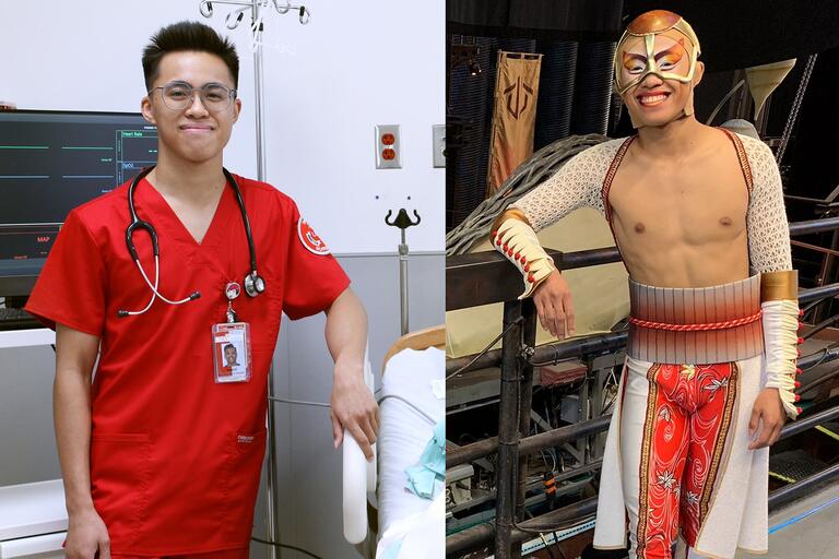 two photos of the same student, one with nursing scrubs the other in costume