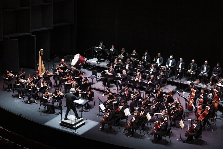 faraway wideshot of a symphony orchestra