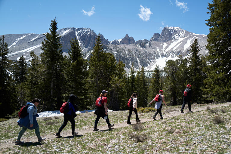 six hikers in a row with mountain backdrop