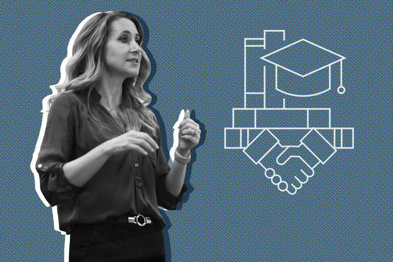 woman next to college education graphics