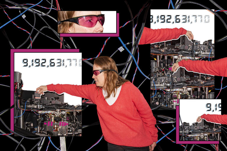 collage of woman working in lab with images of wires and timestamps