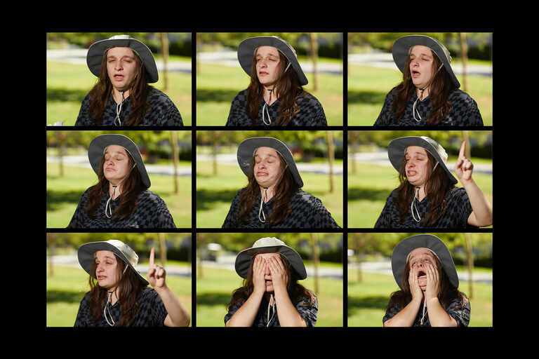 grid with nine photos of young woman sneezing