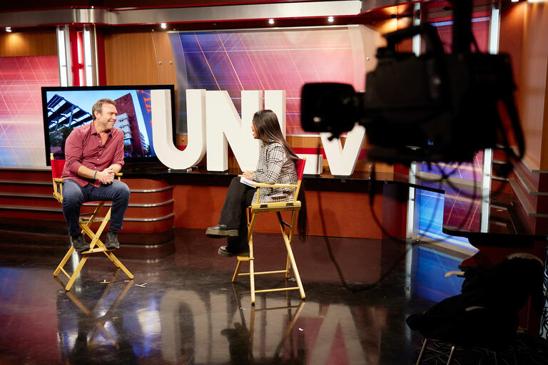 A UNLV student interview the host of the College Tour at UNLV TV studios.
