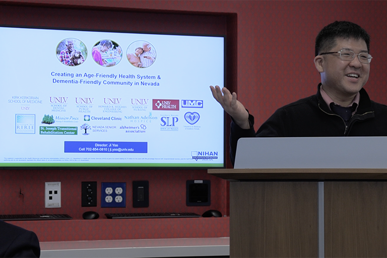 UNLV Lecturer presenting a lecture on Creating an Age-Friendly Health System