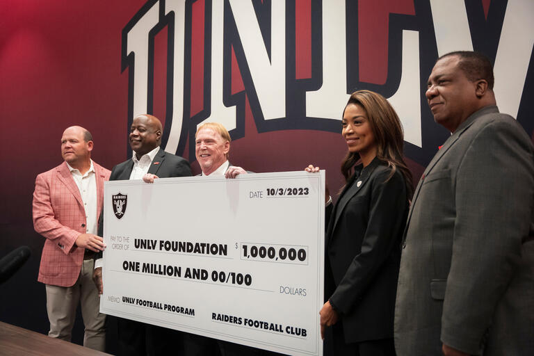 Las Vegas Raiders owner Mark Davis and team president Sandra Douglass Morgan joined UNLV President Keith E. Whitfield, Director of Athletics Erick Harper and Rebel Head Coach Barry Odom to unveil the Al Davis Team Room and present a $1 million donation.