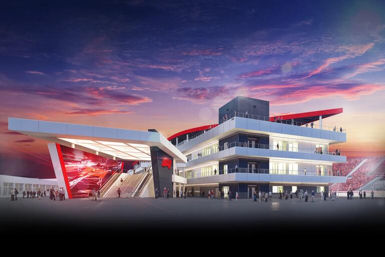 rendering of Las Vegas F1 race pit building