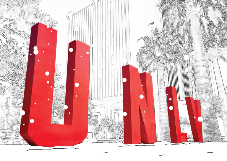 wintery scene on holiday card with red letters that read UNLV