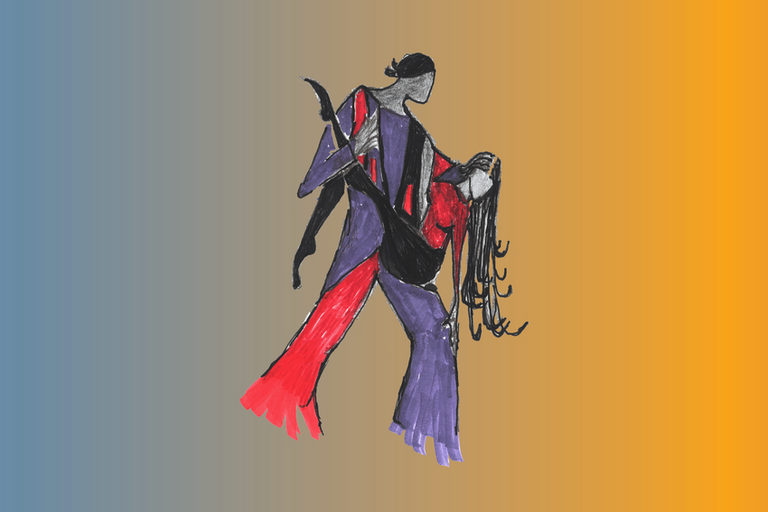 two drawn figures dancing where one is holding the other bridal style