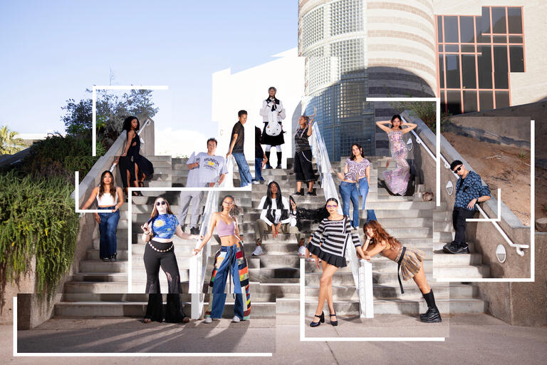 Members of the UNLV Runway Rebels student fashion club pose on the steps of the Carol C. Harter Classroom Building complex