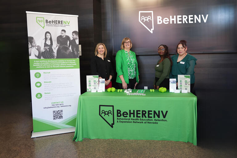Members of the BeHERE NV team from left to right – Jill Manit, PhD, MSW; Sara Hunt, PhD; Eterniti Claggett, BS; and Adriana Monroy, BS – at the UNLV Mental Health Initiatives Forum in April 2024.