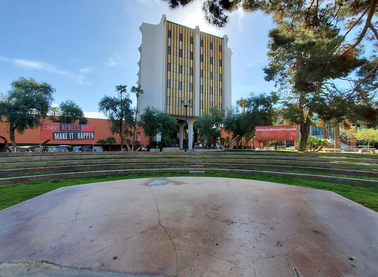Cement stage in view and amphitheater seating