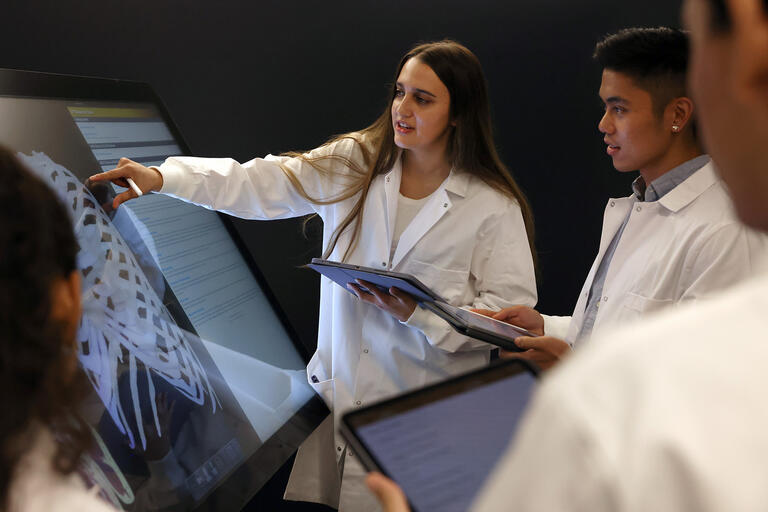 A group of students observing the structure of a ribcage on a large screen.