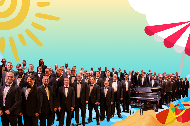The Las Vegas Men's Chorus stands in profile near a piano. A beach umbrella is nearby and the sun is shining.