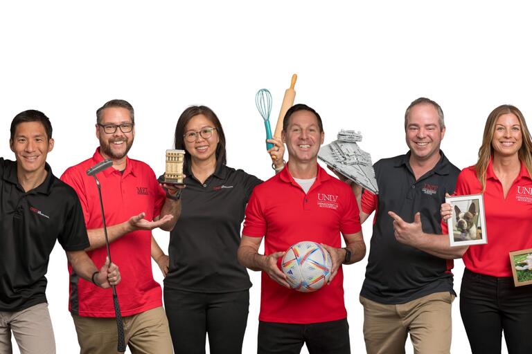 photo collage of business faculty holding objects related to their hobbies