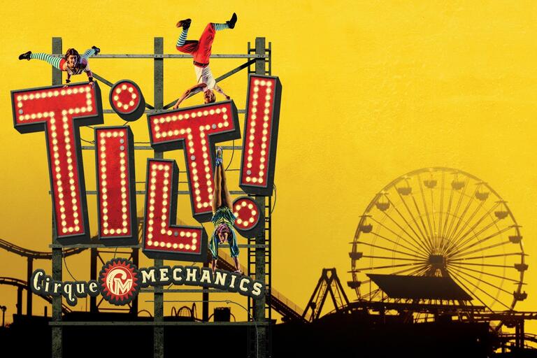 poster illustration of amusement park with word 'Tilt!' in forefront