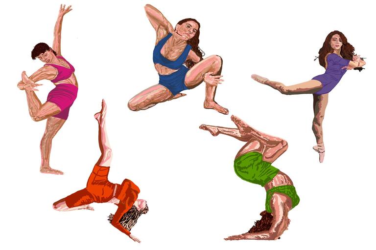 illustration of five female dancers in different dance positions