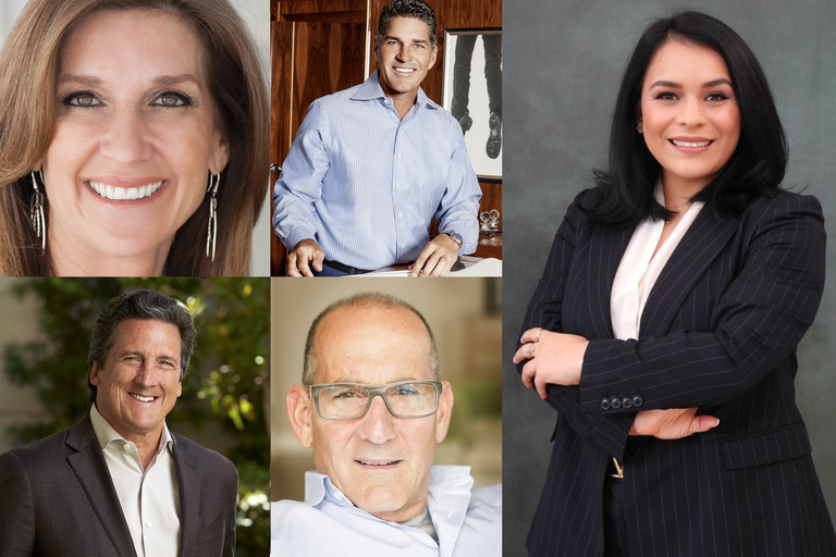 collage of five photos, three men and two women