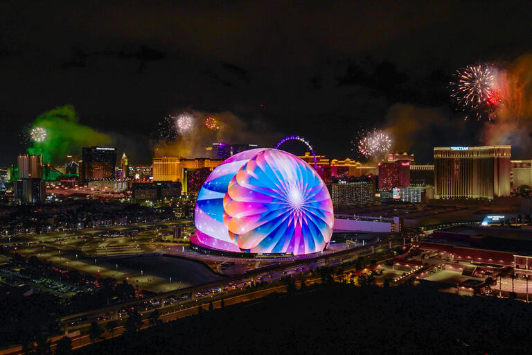 nighttime photo of the Las Vegas Sphere and Strip