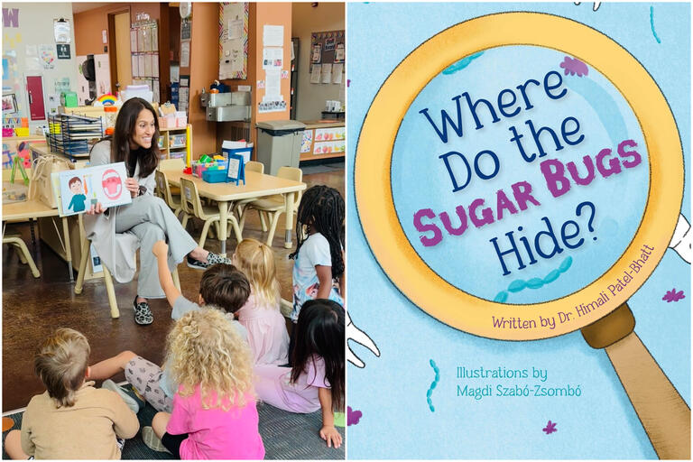 two photo collage of woman in classroom reading to students and book cover of "Where Do the Sugar Bugs Hide?"