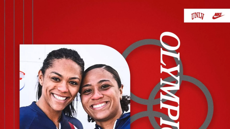 A graphic celebrating UNLV Track &amp; Field alums Kaysha Love and Azaria Hill competing in the Olympics.