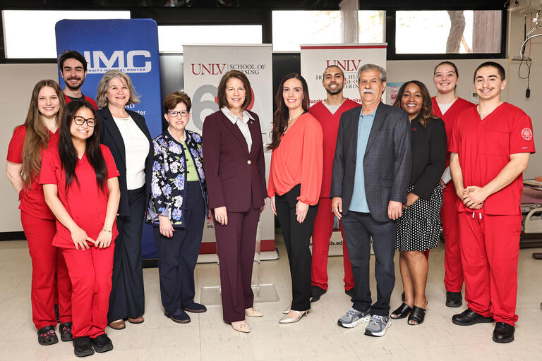 UNLV representatives, students, and partners stand with Senator Catherine Cortez Masto at a press conference announcing a $2.3 million federal appropriation.