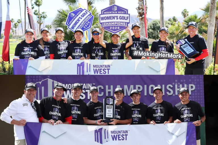 Both the UNLV Men's Golf and Women's Golf teams holding up their 2026 Mountain West Championship trophies. Both teams are holding a banner that says "Mountain West"