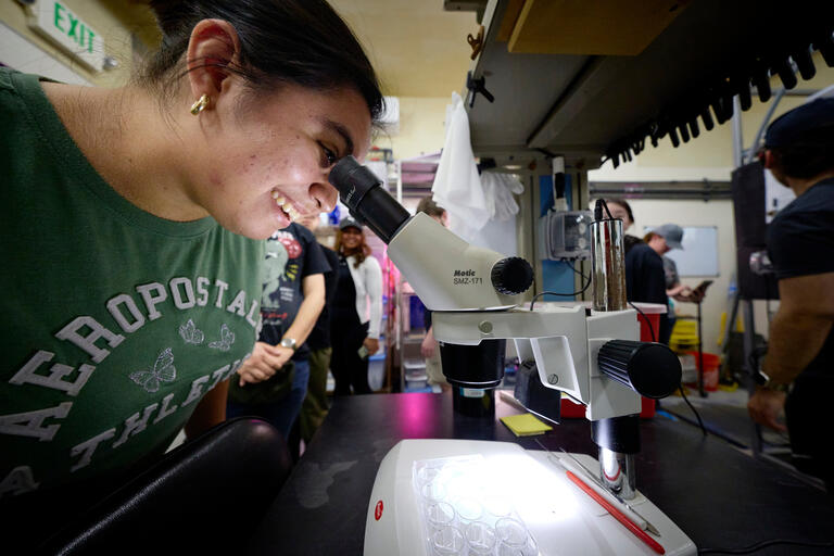 female student in green sweater looks through microscope