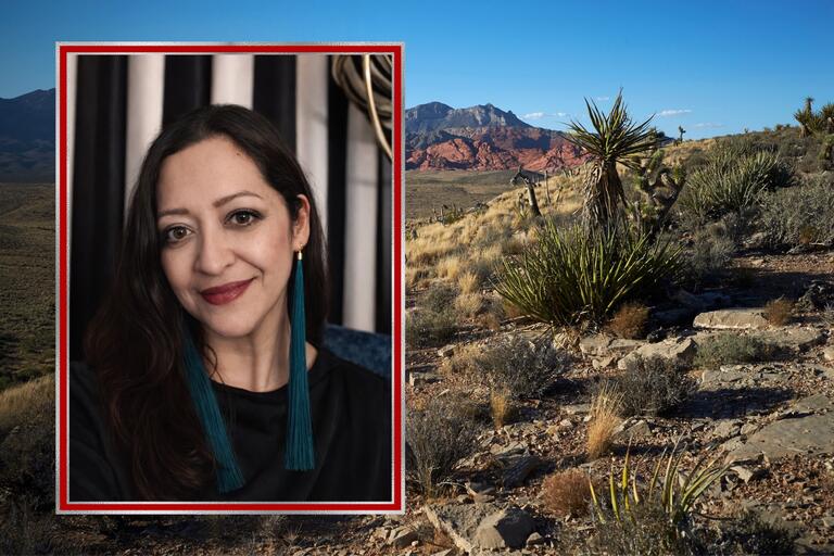 Headshot photo of a Native American woman with dark hair wearing a dark top with red lipstick and long dark green tassel-like earrings smiles in an image inset within a stock photo depicting desert brush in the foreground and a blue sky and mountain range in the background