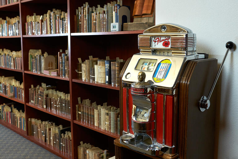 bookshelf and slot machine