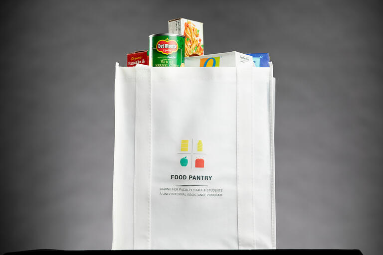 A UNLV Food Pantry tote bag filled with groceries.