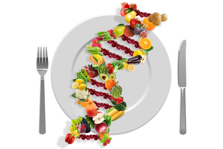 dna strand made of veggies atop a dinner plate with silverware at sides