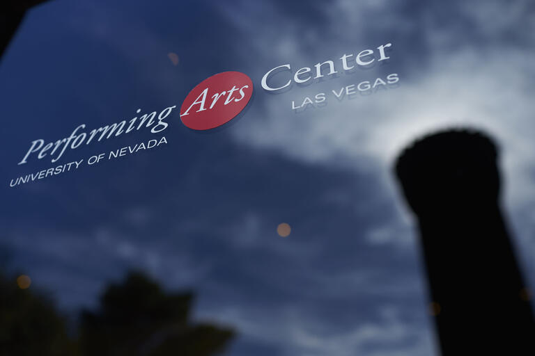 UNLV Performing Arts Center logo on a window
