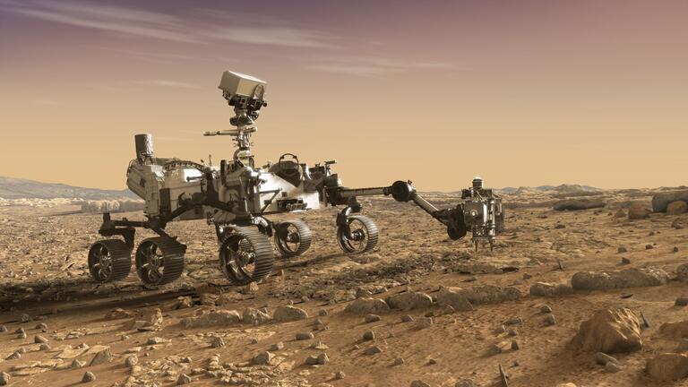 This artist's rendition depicts NASA's Mars 2020 rover studying rocks with its robotic arm.