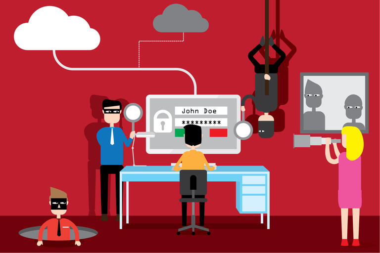 cartoon graphic of computer user surrounded by masked individuals