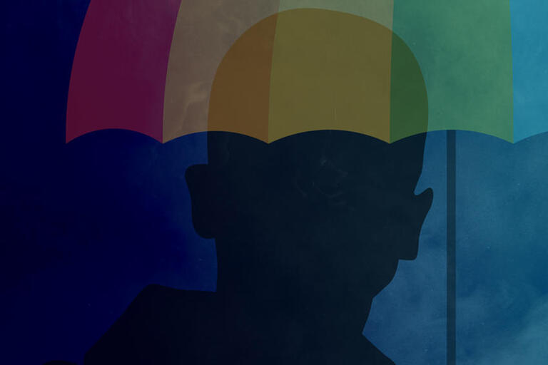 illustration with silhouette of man and rainbow umbrella