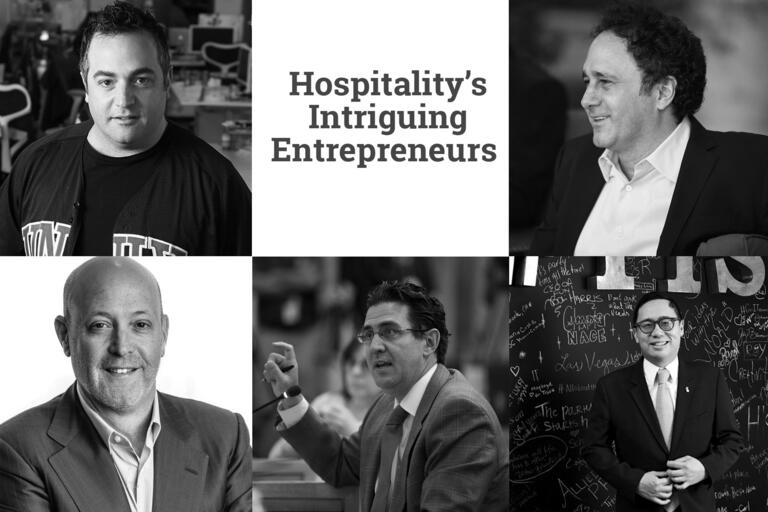 Photos of 5 men with headline &quot;Hospitality's Intriguing Entrepreneurs&quot;