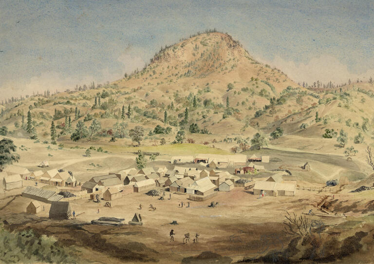 Water color painting of a frontier scene.