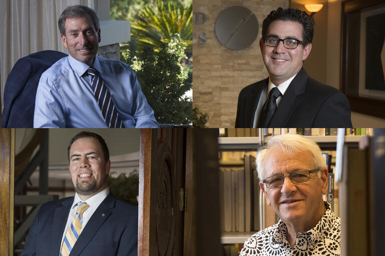 Alumni Mark Fine, Jeremy Aguero, Michael Gordon and retired professor Bernard Malamud