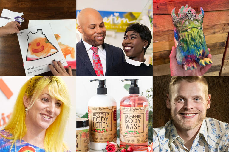 montage photos of four people, a coloring sheet, a monster figurine, and lotion bottle