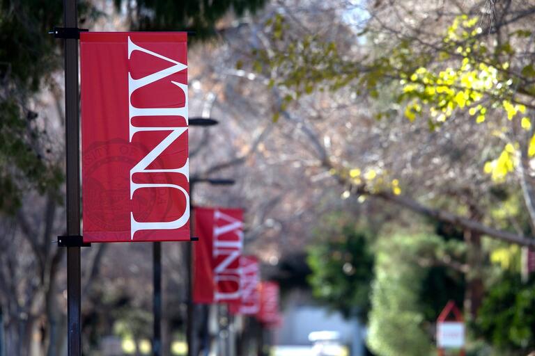 UNLV banners hang outside on campus