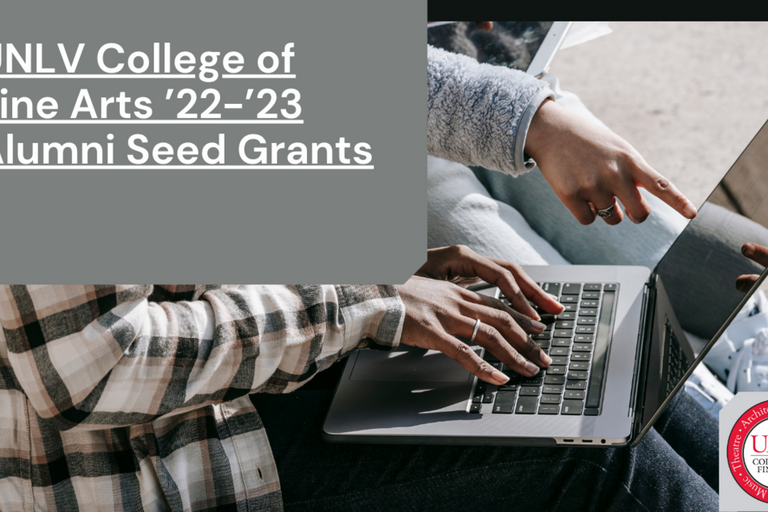 Photo of someone on a laptop with the headline: 2022-2023 CFA Alumni  Seed Grants
