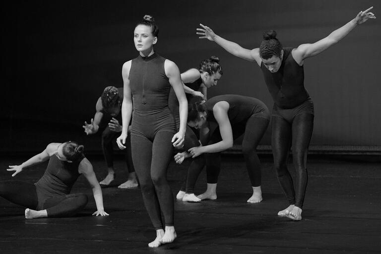 Black and white photo of UNLV Dance students performing