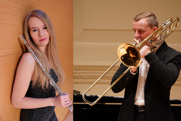 Dr. Marta Plominska holding a flue and Dr. Dawid Mzyk playing his trombone