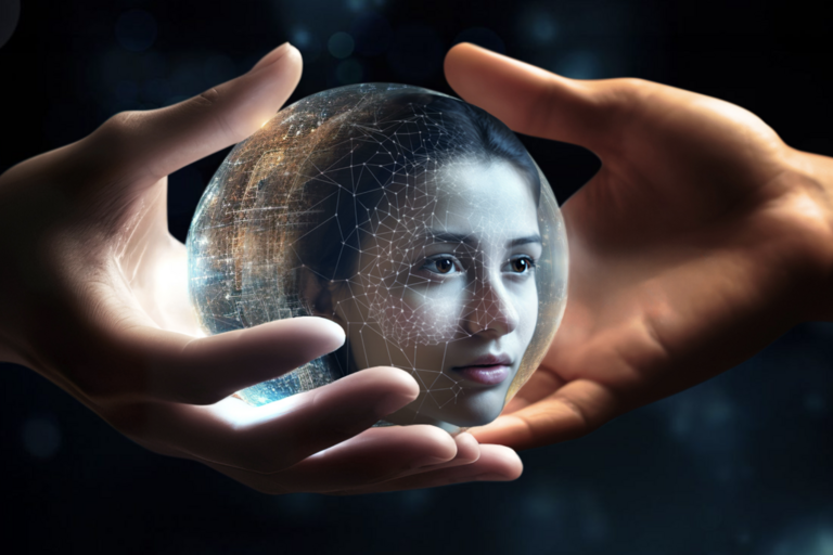 stock photo showing hands holding a crystal ball with a woman's face seen inside it