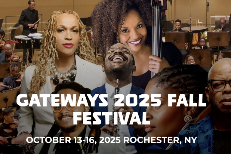 collage photograph of musicians and the text: GATEWAYS 2025 FALL FESTIVAL OCTOBER 13-16, 2025 ROCHESTER, NY
