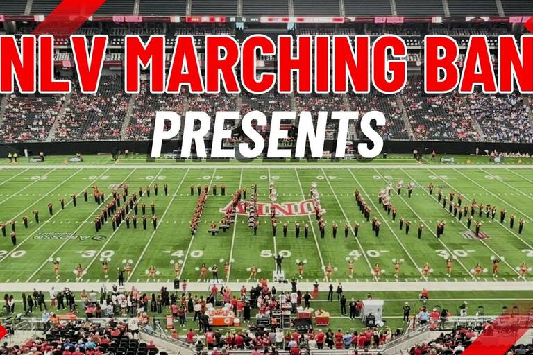 Aerial of the UNLV Marching band at a football game with text: UNLV Marching Band Presents