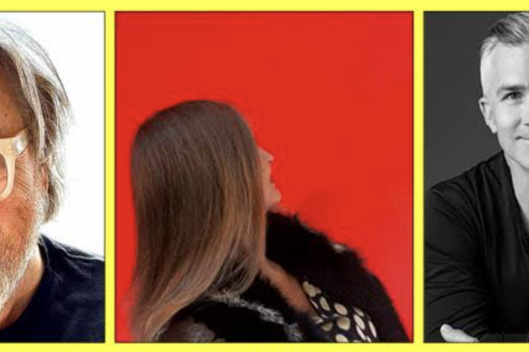 three headshots, one of a man with glasses and a beard, one with a woman turning away from the camera, and the other man no glasses smiling into the camera