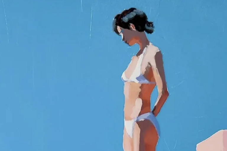 Painting of a dark haired woman in a bathing suit